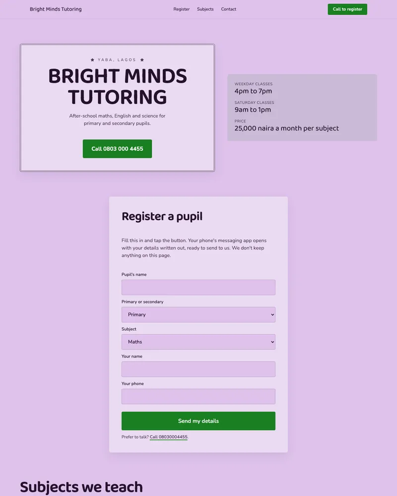 The page Studio built for Bright Minds Tutoring