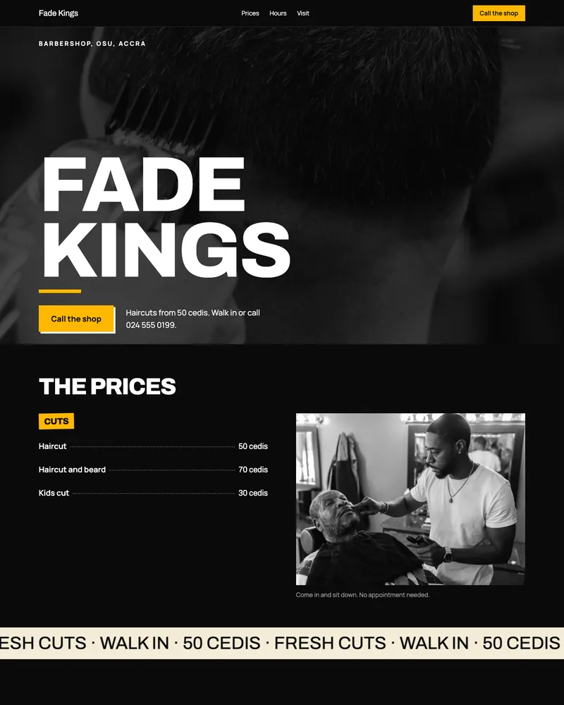 The page Studio built for Fade Kings